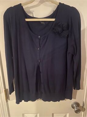 Audrey & Grace Navy Blue Buttoned Cardigan with Flower Accent